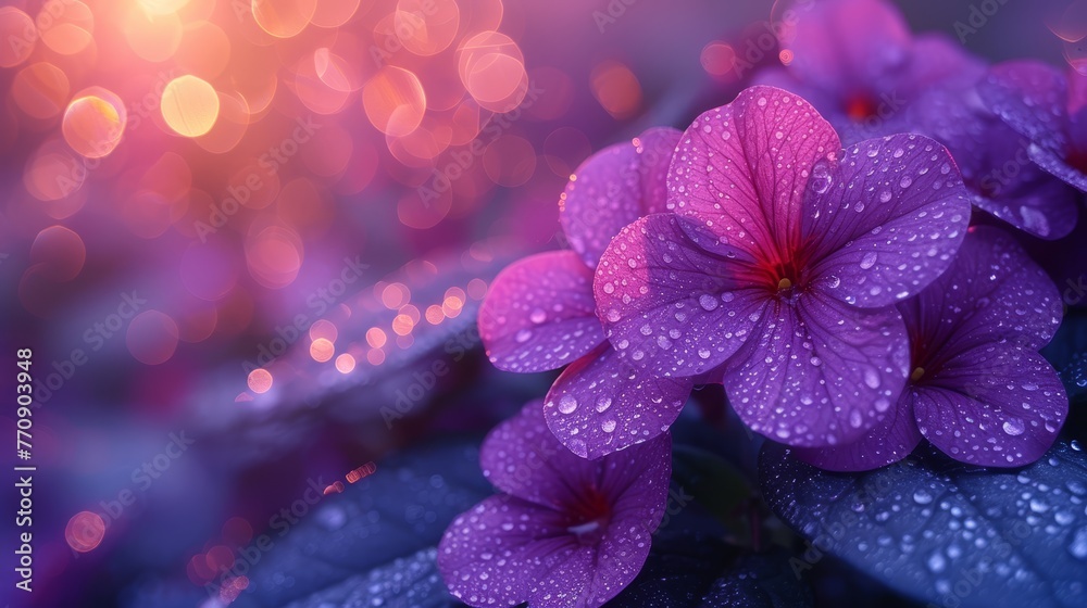 A tight shot of a purple bloom dotted with water beads In front, a pink blossom in sharp focus A tight shot of a purple bloom dotted with water beads In front, a pink blossom in sharp focus