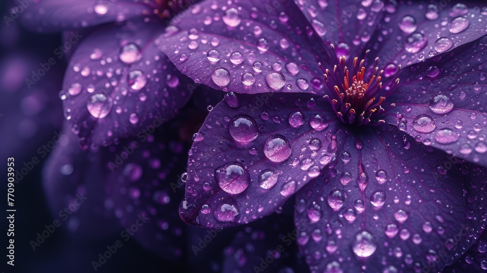   A tight shot of a purple flower with water droplets on its petals and the flower's wet center - obrazy, fototapety, plakaty 