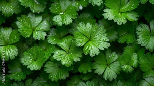  A tight shot of verdant leaves, adorned with water droplets The leaves radiate a vibrant green hue