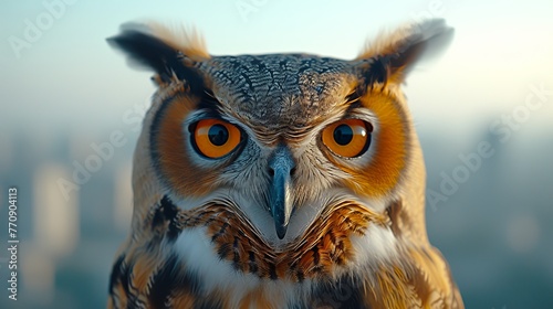  A tight shot of an owl's face with a blurred urban scene in the background