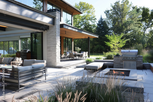 A modern patio on a sunny summer day, complete with comfortable seating and a dining area