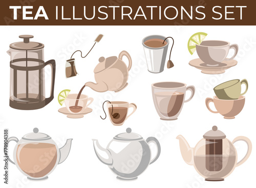 tea and equipment illustrations set