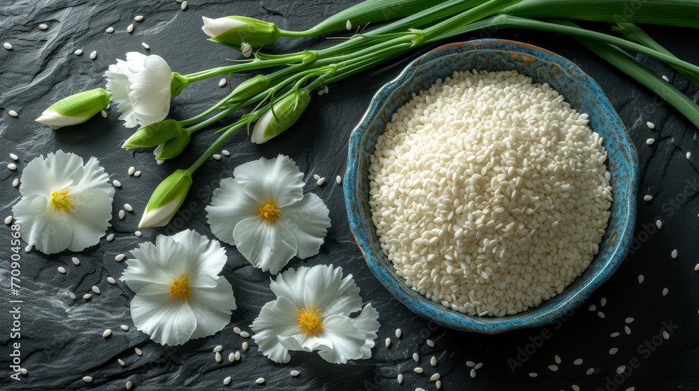   A blue bowl holds rice, adjacent is a black tabletop adorned with white flowers Their stems are green, as are the petals - obrazy, fototapety, plakaty 