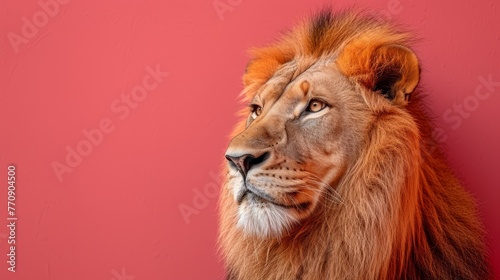   A tight shot of a lion s face against a pink backdrop Behind it  a red brick wall