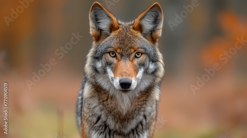   A wolf s face  tightly framed  against a backdrop of blurred brown grass and trees