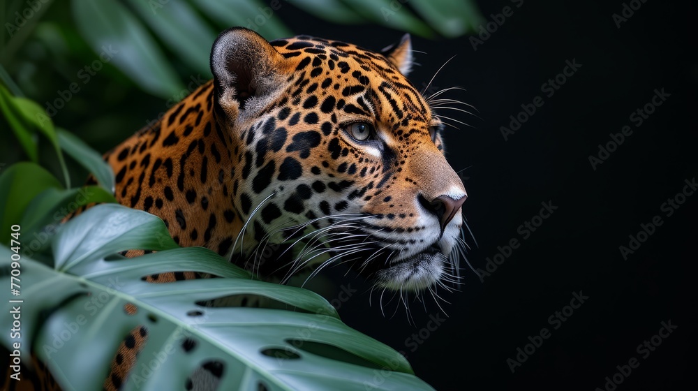 Obraz premium A leopard's face, tightly framed, with a foreground plant and a backdrop of unyielding black