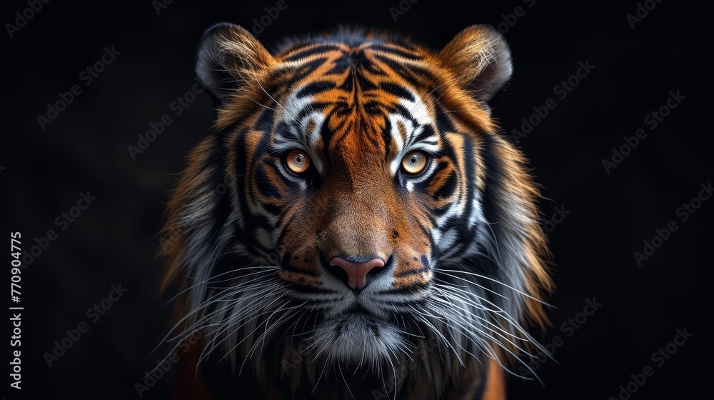   A tight shot of a tiger's visage against a black backdrop, its features softly blurred