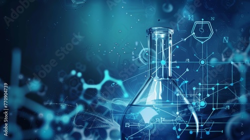 Science concept with a single flask and holographic chemical structures on a dark blue background.