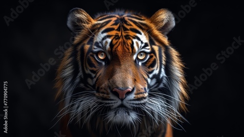   A tight shot of a tiger s visage against a black backdrop  its features softly blurred