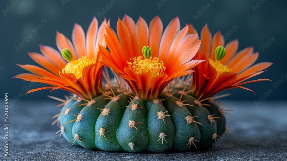   A tight shot of a small cactus bearing orange and green blooms atop, against a dark backdrop
