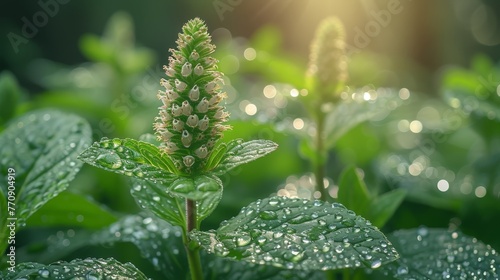   A tight shot of a verdant leafy plant, adorned with water droplets on its surface Sunlight streams in from behind © Wall