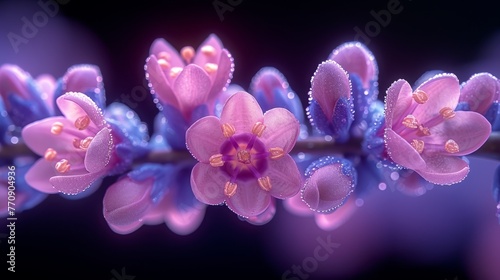   A tight shot of a purple flower  adorned with beads of water on its petals against a black background