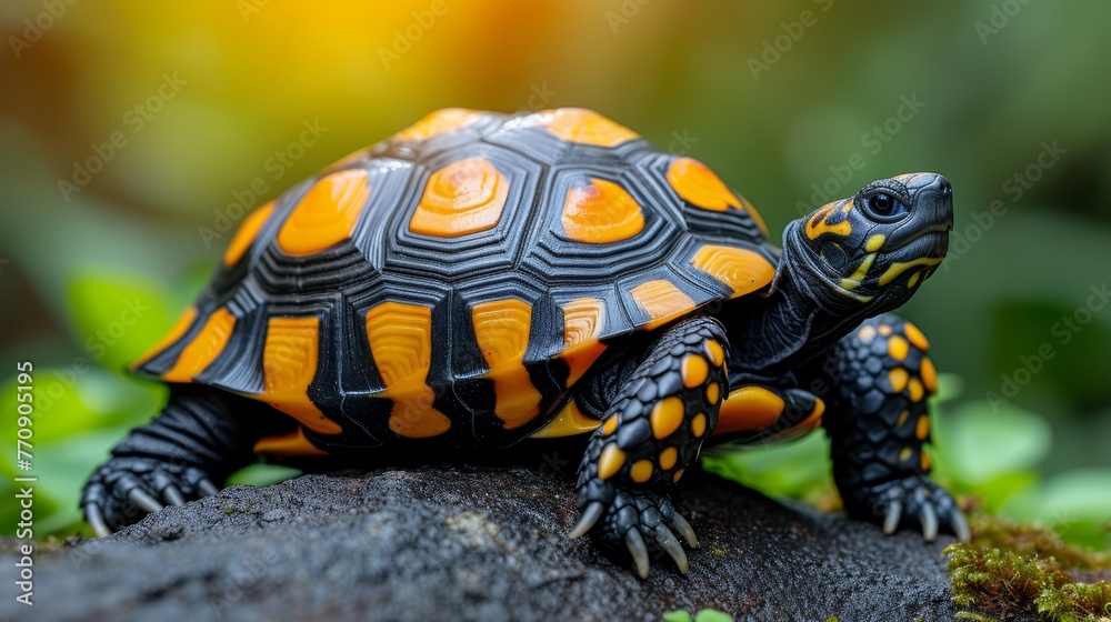 A tight shot of a turtle atop a rock, surrounded by grass and leaves in sharp focus Background subtly blurred A tight shot of a turtle atop a rock, surrounded by grass and leaves in sharp focus Background subtly blurred
