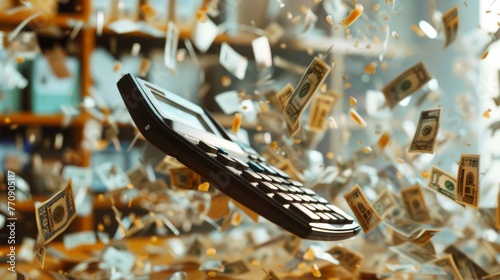 illustration of smartphone with money flying out. Financial technology and mobile payment concept photo