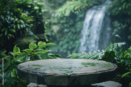 a circular stone table surrounded by lush foliage, set against the soft blur of a cascading waterfall in the background