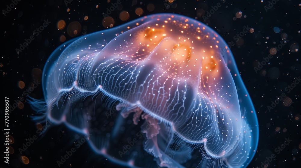 A tight shot of a jellyfish's head, emitting abundant light from its translucent bell base A tight shot of a jellyfish's head, emitting abundant light from its translucent bell base