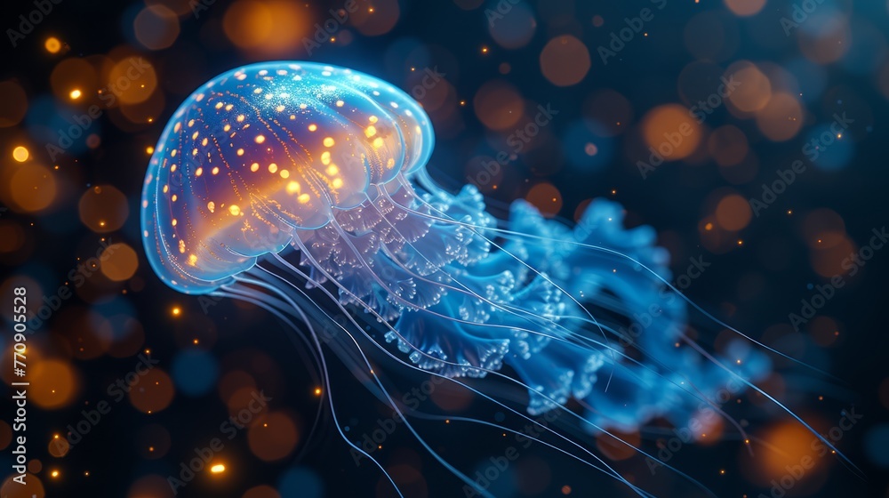 A tight shot of a jellyfish against a black backdrop, surrounded by a softly blurred ring of glowing lights A tight shot of a jellyfish against a black backdrop, surrounded by a softly blurred ring of glowing lights