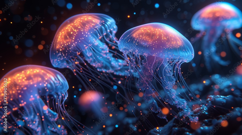 A collection of jellyfish hover above a blue-red seascape dotted with numerous small, white bubbles A collection of jellyfish hover above a blue-red seascape dotted with numerous small, white bubbles