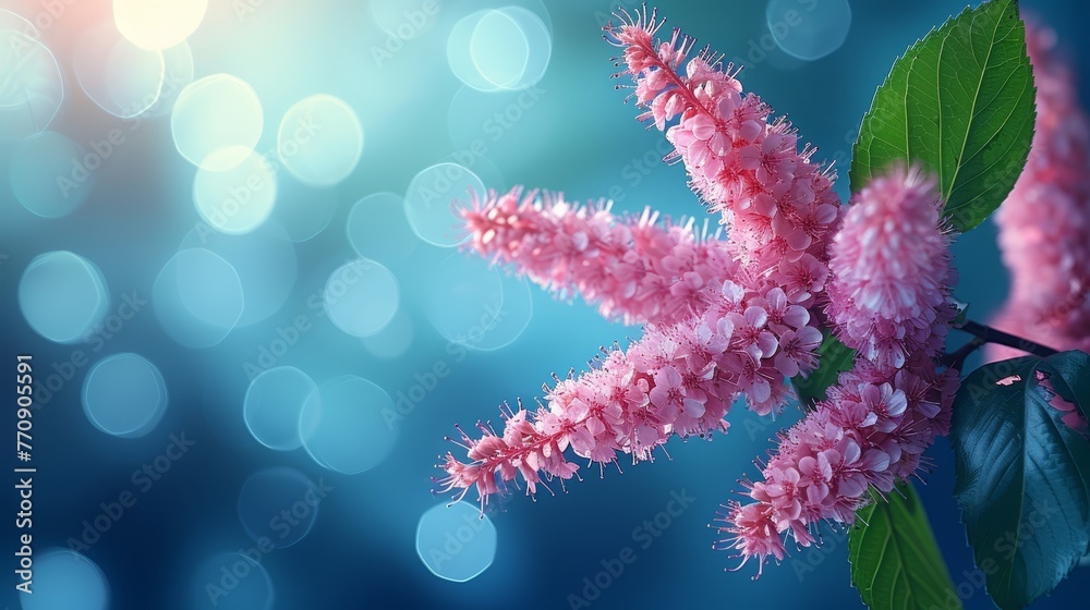   A tight shot of a pink blossom against a blue backdrop, surrounded by green foliage and softly blurred bokeh of light