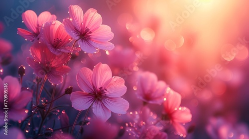   A scene of numerous pink blooms, each with shimmering water droplets, under a radiant sun against a softly blurred backdrop © Wall