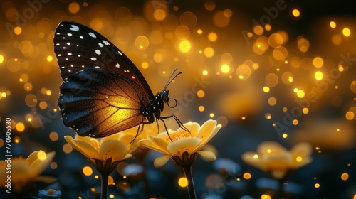  A butterfly atop a sunlit yellow flower, amidst a sea of similar blossoms, with a soft bokeh of light in the background