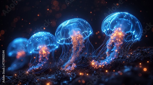   A collection of jellyfish hovering above a water body under a night sky adorned with stars