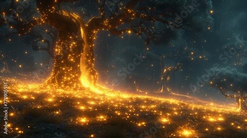  A night scene featuring a glowing tree in the foreground and a trail of fireflies illuminating the foreground