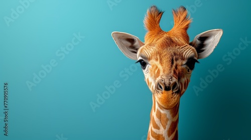  A tight shot of a giraffe's face against a blue backdrop, superimposed with a softly blurred depiction of its head