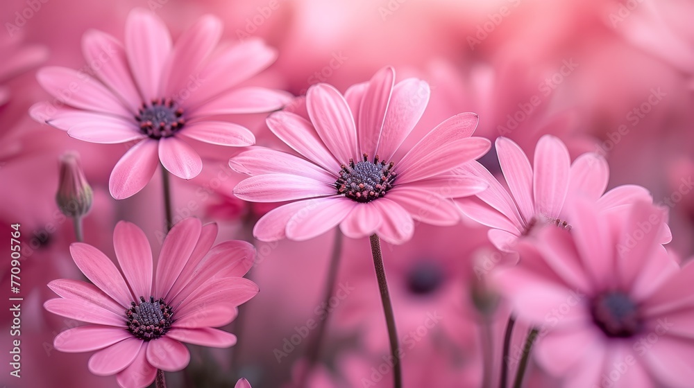 A field of pink blooms with sun breaking through clouded sky A field of pink blooms with sun breaking through clouded sky