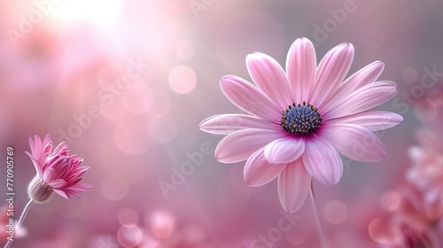   A tight shot of a pink bloom against a softly blurred background  featuring an indistinct flowery silhouette behind