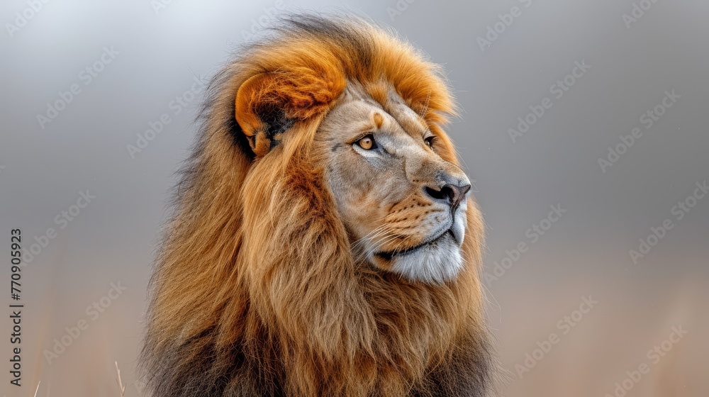   A tight shot of a lion's face against a blurred backdrop, featuring an indistinct background and a hazy sky