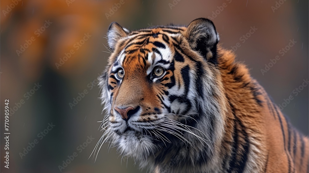   A tight shot of a tiger's face with a blurred backdrop