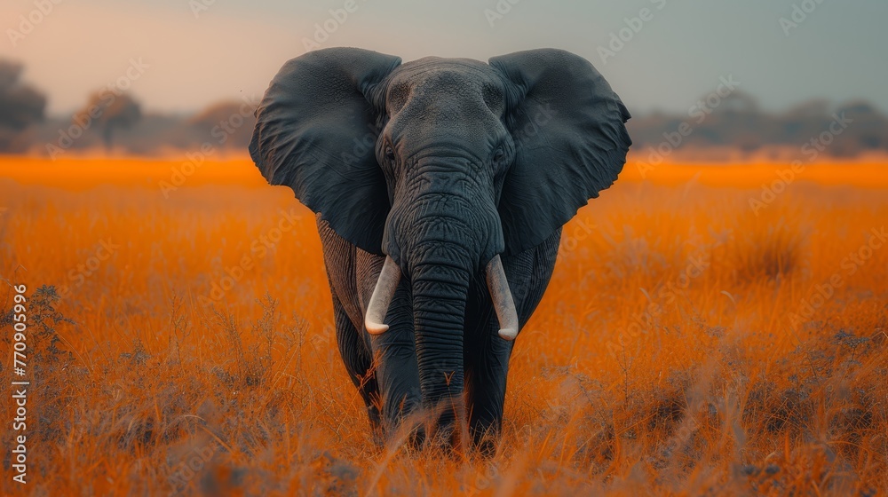   An elephant, complete with tusks, stands amidst a field of tall grass and trees distant form the background