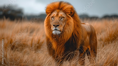   A tight shot of a lion posed against a backdrop of tall grasses Above  an overcast sky
