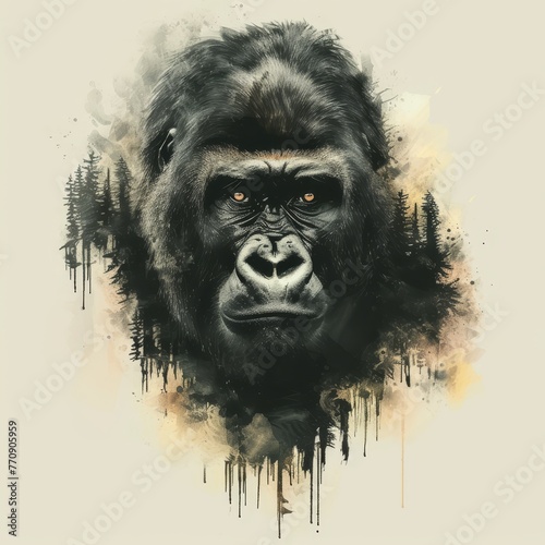  A gorilla's face in a painting, covered with splatters of paint