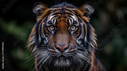  A tight shot of a tiger's face, background blurred with trees and bushes