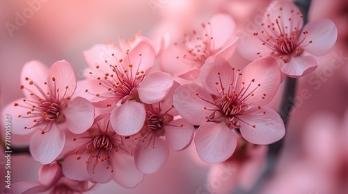  A tight shot of pink blooms on a tree limb, surrounded by a softly blurred foreground