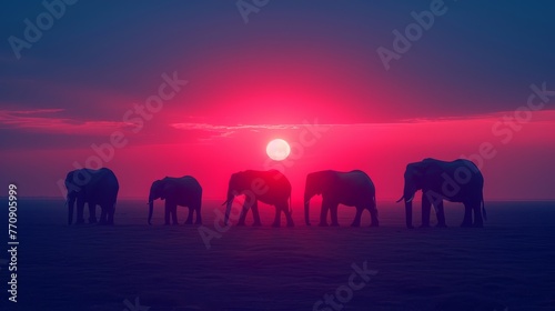   A group of elephants assembles in a field as the sun sets, its orb occupying the center of the sky