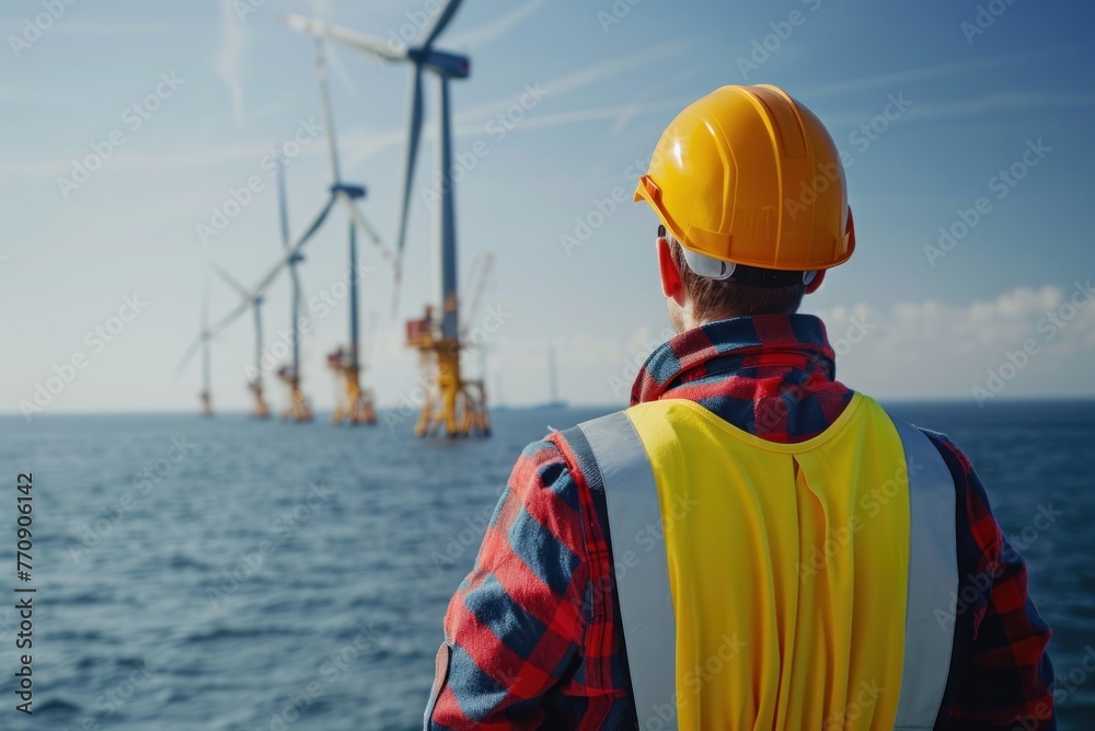 An engineer looks at an offshore wind farm in the sea An engineer looks at an offshore wind farm in the sea