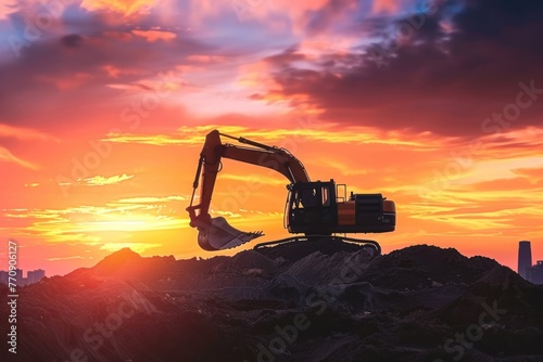 An excavator silhouetted against a dramatic sunset, city background