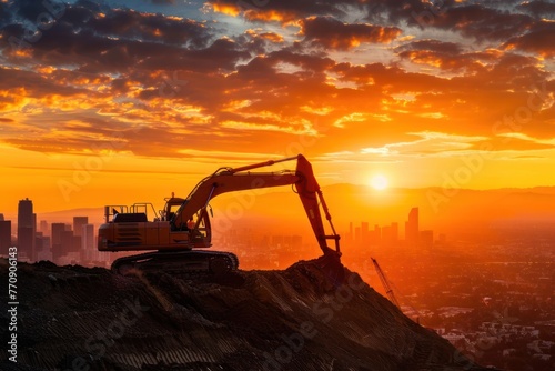 An excavator silhouetted against a dramatic sunset, city background