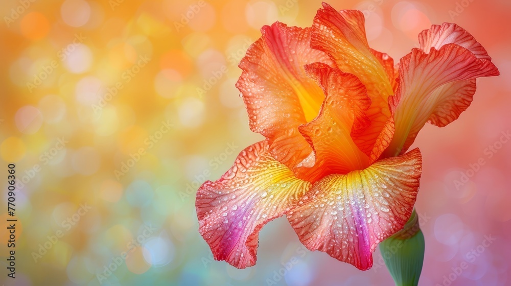   A tight shot of a bloom, petals dotted with water droplets, backdrop softly blurred