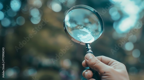 Close-up of magnifying glass with blurred forest background. Macro shot with a focus on the magnifying lens. photo