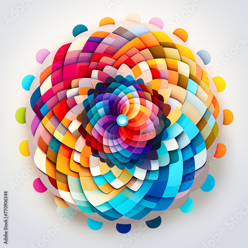 Colorful abstract digital art composed of overlapping circles and polygons with optical illusion effect. © volgariver