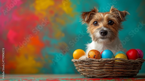   A small brown-and-white dog sits in a woven basket overflowing with Easter eggs atop a weathered wooden table against a vibrant backdrop