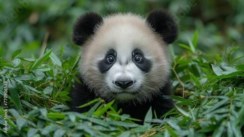   A black-and-white panda sits atop a verdant field  near a mound of green leaves