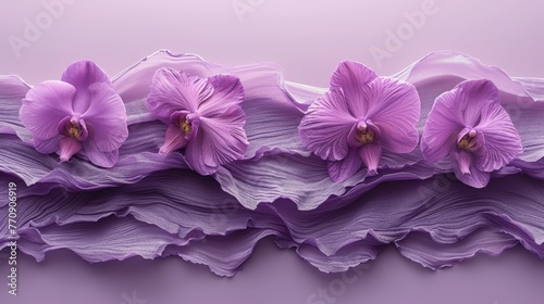   A purple flower arrangement sits atop a purple paper sheet on a purple tablecloth © Wall
