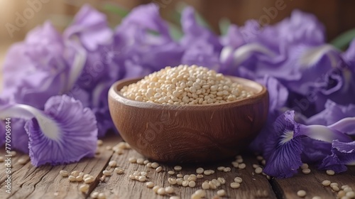   A wooden table holds a wooden bowl brimming with sesame seeds Nearby  purple flowers bloom A wooden spoon rests in front
