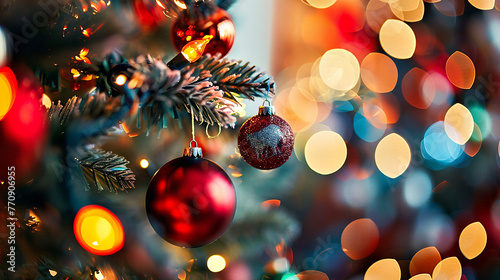 Árbol de Navidad con adornos y luces brillantes borrosas photo