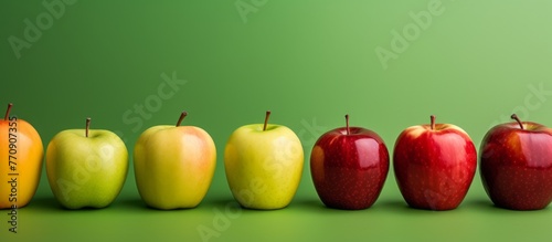 A row of vibrant apples  a staple food and superfood  displayed on a green background. These natural foods are a delicious and nutritious option